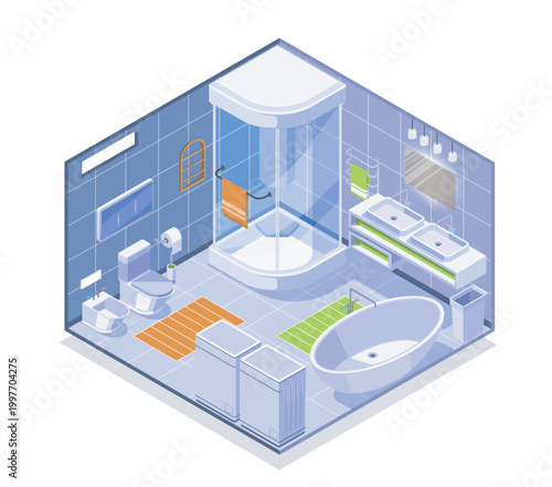 Modern isometric bathroom with shower, bathtub, sinks and accessories in clean graphic style on white background, concept of home hygiene and comfort. Hand-drawn vector illustration