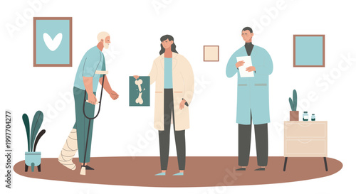 Doctors assisting an injured patient holding an X ray in a flat graphic style on a clean white background, expressing a concept of healthcare support. Hand-drawn vector illustration