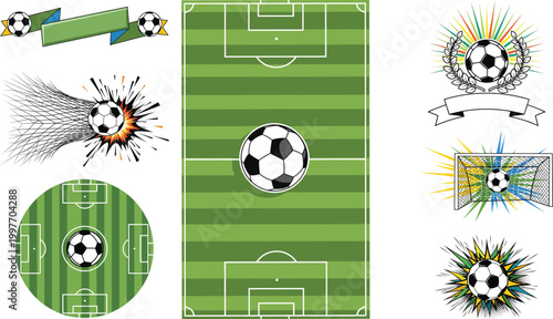 Soccer football vector elements set, green grass pitch field with ball, sport tournament championship icons and goal badges for competition design