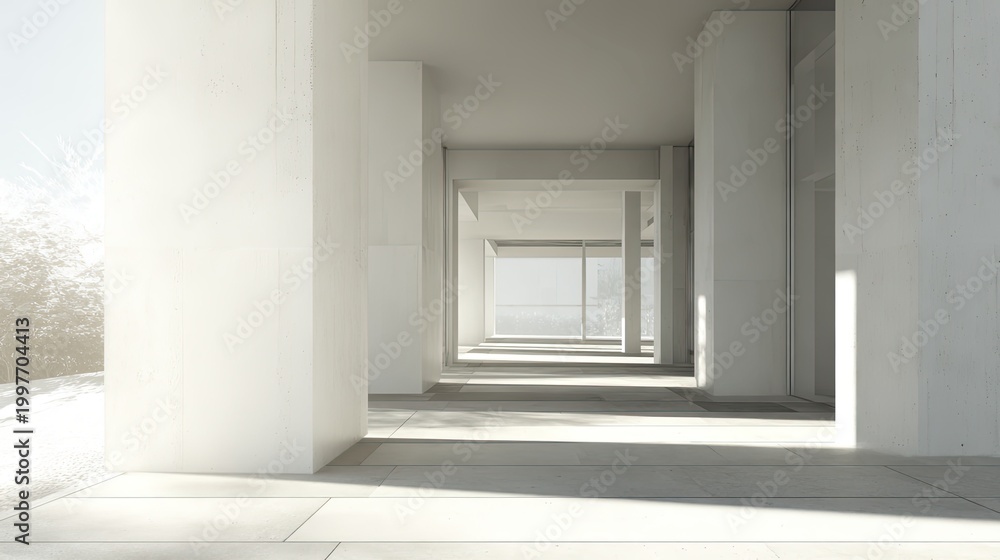 Fototapeta premium Long minimalist hallway with repeating pillars and floor to ceiling windows, bright winter sunlight casting geometric shadows across a pristine, serene modern interior