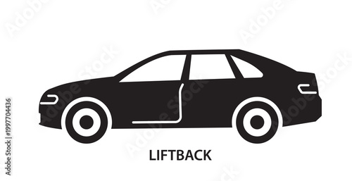 Black liftback car side view in simple minimal graphic style on white background, concept of automobile body type classification for transport design. Hand-drawn vector illustration