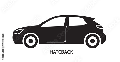 Black hatchback car silhouette in simple graphic style on a white background, representing transportation concept. Hand-drawn vector illustration