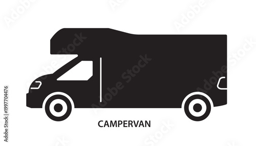 Silhouette of a campervan depicted in simple graphic style on a clean white background, representing the concept of travel, mobility, freedom and outdoor adventure. Hand-drawn vector illustration