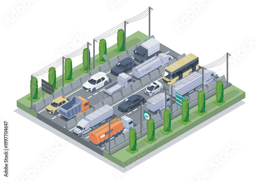 Cars, trucks and buses crowded on multi-lane highway in isometric style against clean white background, showing congestion concept. Hand-drawn vector illustration
