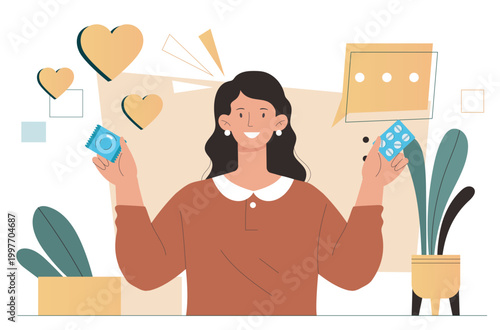 Smiling woman holding contraception items in a flat graphic style on a light abstract background, expressing health and safe intimacy concept. Hand-drawn vector illustration