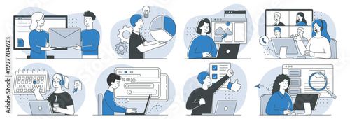Scenes with people doing online tasks in flat style on light background, concept of teamwork and workflow. Hand-drawn vector illustration