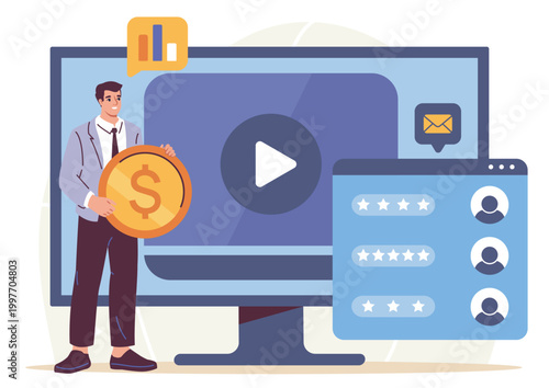 A businessman with a coin beside a large screen with play icon in flat style on background, showing digital marketing and income concept. Hand-drawn vector illustration