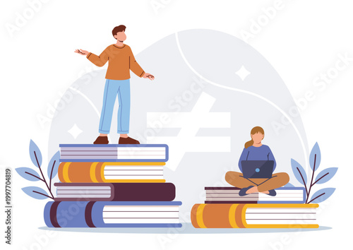 Two students on large book piles in flat style on a light abstract background showing inequality in education and knowledge. Hand-drawn vector illustration