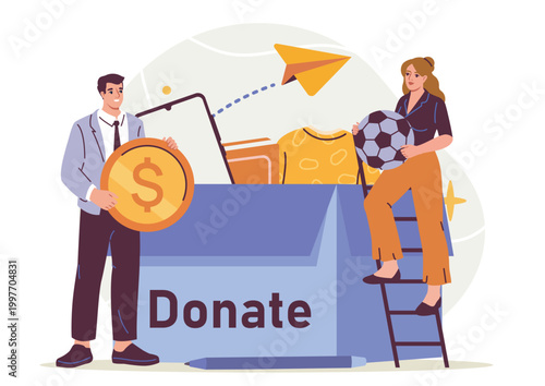 People giving money and items to a charity box in a clean flat style on a light background, symbolizing unity. Hand-drawn vector illustration