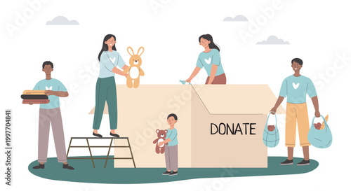 Group of people donating toys and clothes in a simple flat graphic style on a white background, showing community support and charity concept. Hand-drawn vector illustration