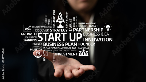 Fotografie A conceptual image showcasing essential elements of startups, including growth strategies, investment opportunities, and innovative business ideas for aspiring entrepreneurs