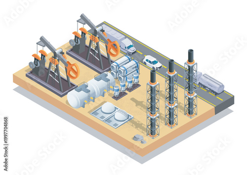Oil pumps, tanks and refinery equipment in isometric graphic style on a light background, concept of energy production infrastructure. Hand-drawn vector illustration