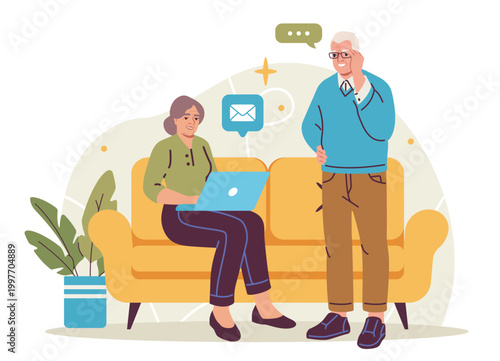 Scene showing two older adults using a laptop on a sofa in a graphic style on a light background, concept of communication and learning. Hand-drawn vector illustration