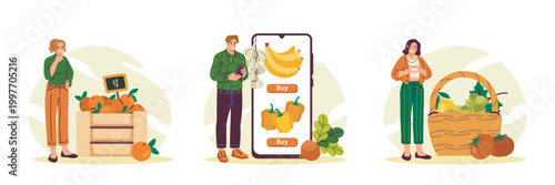 Scene with people choosing fresh fruits in a clean flat graphic style on a light background, showing a healthy food shopping concept. Hand-drawn vector illustration