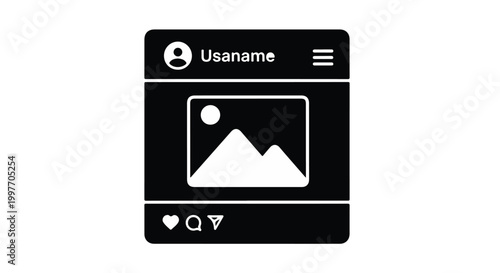 Mobile phone screen with blank image placeholder on black background, digital technology concept with white graphics