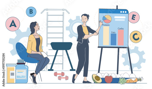 Two women discussing nutrition with charts in minimal graphic style on a white background, conveying healthy diet education concept. Hand-drawn vector illustration