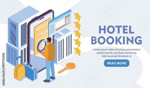 A person checking hotel booking on mobile interface in isometric graphic style against light background for travel planning. Hand-drawn vector illustration