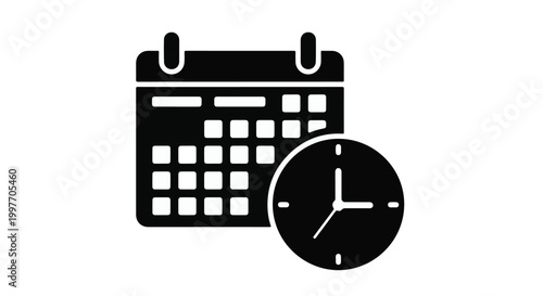 Simple black and white illustration of calendar and clock for time management and organization concept
