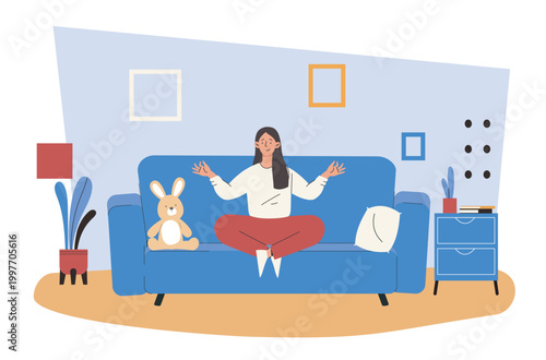 Woman sitting cross legged on a couch beside a toy rabbit in a cozy room in flat style on a light background, showing relaxation and comfort at home. Hand-drawn vector illustration