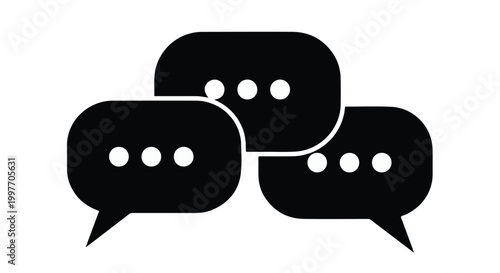 Black speech bubbles icons with white dots on white background, communication concept, chat symbols, dialogue boxes, messaging, conversation, social media, digital communication, modern simple design