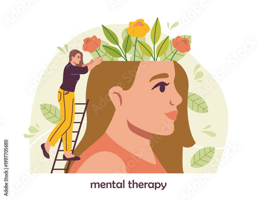 A therapist tending flowers in a woman s opened head shown in flat graphic style on a leafy background, symbolizing mental wellness and care. Hand-drawn vector illustration