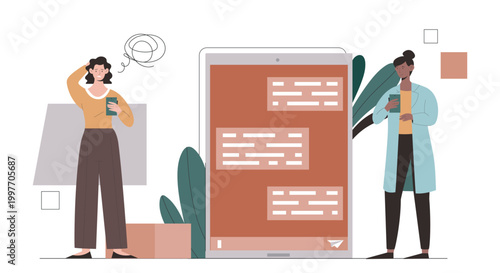 Two characters using smartphones beside a giant chat screen shown in a flat style on a white backdrop, illustrating communication. Hand-drawn vector illustration
