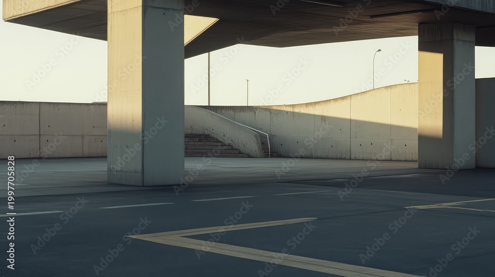 Obraz premium Modern brutalist architecture featuring substantial concrete structures, geometric shapes, and a stark urban landscape, illuminated by natural light casting contrasting shadows across the surfaces
