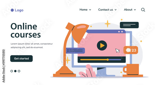 Computer screen with online course elements, desk lamp and cup in flat style on white background, concept of digital education and learning. Hand-drawn vector illustration