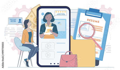 A job applicant, digital profile on mobile screen, documents and resume on bright abstract backdrop, concept of recruitment workflow and career search. Hand-drawn vector illustration