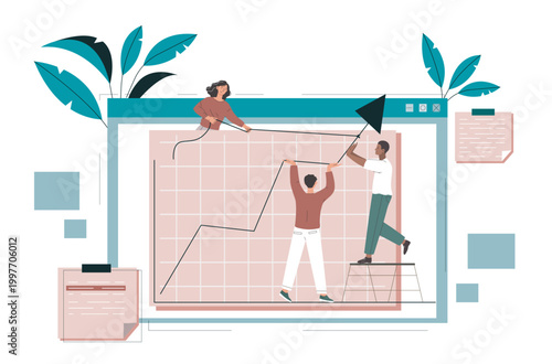 Group of people working together adjusting rising line on large chart in flat graphic style on white background, concept of teamwork and growth. Hand-drawn vector illustration