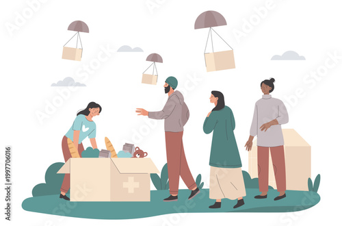 People receiving donated goods from a large aid box, in a simple flat style, on a clean white background, showing the concept of humanitarian support. Hand-drawn vector illustration