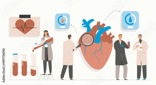 Scientists examining anatomical heart with lab tests in flat graphic style on light background, concept of medical cardiology research. Hand-drawn vector illustration