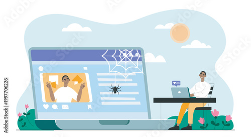 A laptop with an idle social page and cobwebs beside a person working outdoors, in flat style on background, symbolizing digital inactivity. Hand-drawn vector illustration