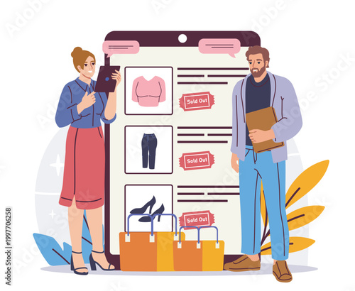 Two people near large screen showing fashion items and sold-out tags in flat style on white background, concept of online shopping scarcity. Hand-drawn vector illustration