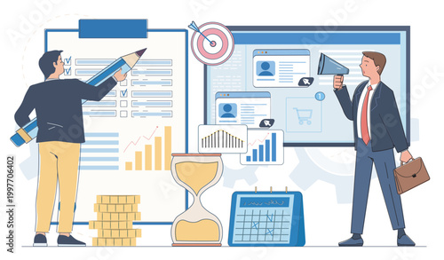 Business team analyzing charts in flat style on light background showing planning and marketing concept for growth idea. Hand-drawn vector illustration