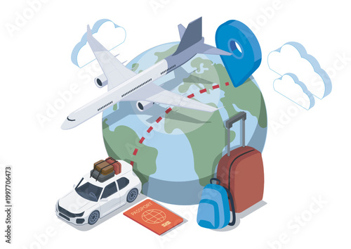 Travel elements with airplane, globe, luggage and car in clean graphic style on a white background showing concept of worldwide tourism and vacation. Hand-drawn vector illustration