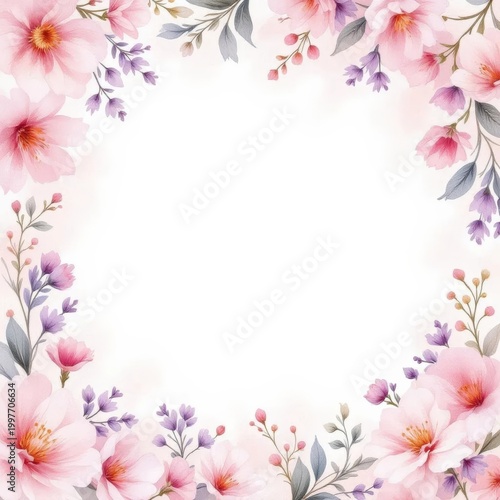 Watercolor floral border frame with pink and purple flowers on white background