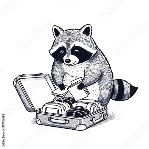 Raccoon packing travel luggage suitcase.