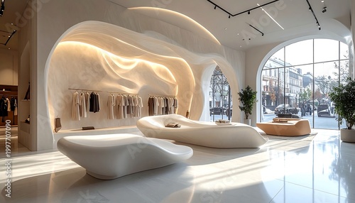 Modern retail interior with curved walls and furniture. Clothes displayed on a rack. Large windows view a city street. Well-lit space