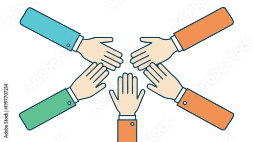 Five diverse hands stacked together in a circle representing teamwork, unity, collaboration, and professional partnership in a flat design style
