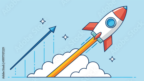 Startup rocket launch with rising growth chart arrow representing business success and rapid market expansion in a flat vector style