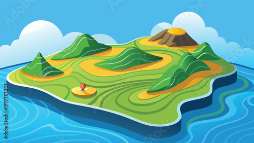 Isometric tropical island with green hills, volcanic peak, and red location pin marker in the middle of a blue ocean for travel concepts