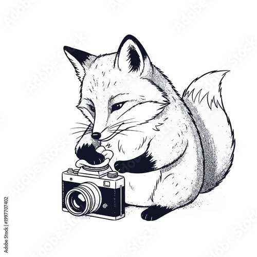 A fox holding a vintage camera.