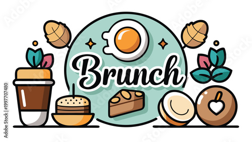 Brunch menu illustration featuring a fried egg, coffee cup, pastry, and coconut in a colorful flat vector design for restaurant branding