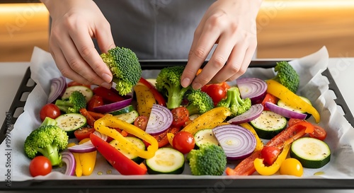 Person preparing fresh vegetables on a baking tray in a bright kitchen