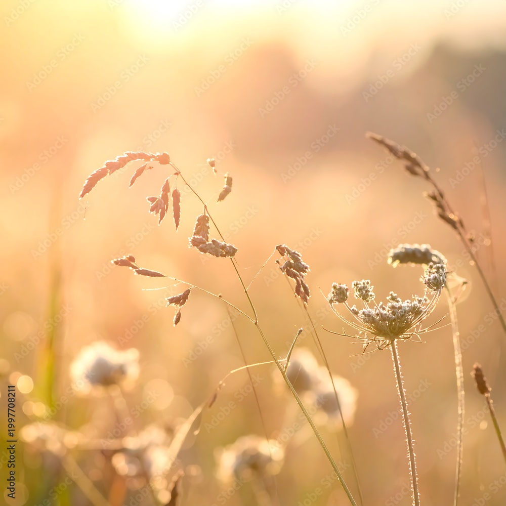 Obraz premium Golden Hour Meadow with Wildflowers and Grasses.