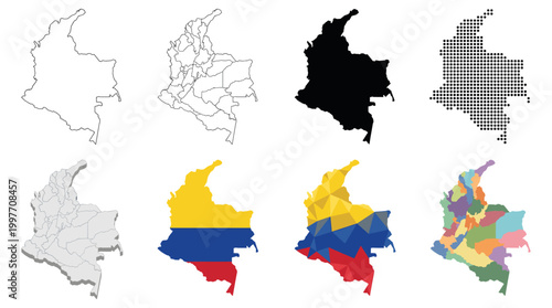 Colombia map set with departments outline silhouette flag colors and dotted geometric styles vector
