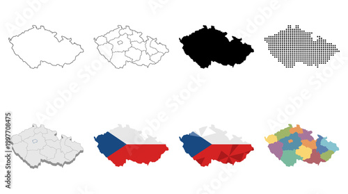 Czech Republic map set with regions outline silhouette flag colors and dotted geometric styles vector