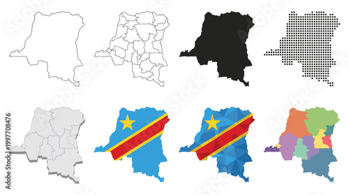 Democratic Republic of the Congo map set with regions outline silhouette flag colors and dotted geometric styles vector