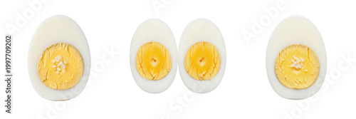 Photos Sliced Hard Boiled Egg Halves Isolated on White Background for Breakfast Menu Pr
